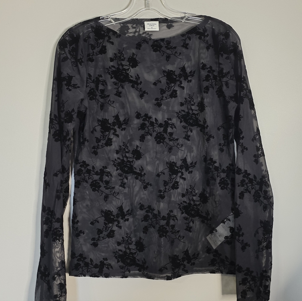 Abercrombie & Fitch Black Sheer Velvet Burnout Y2K Long-Sleeve Top, Conert